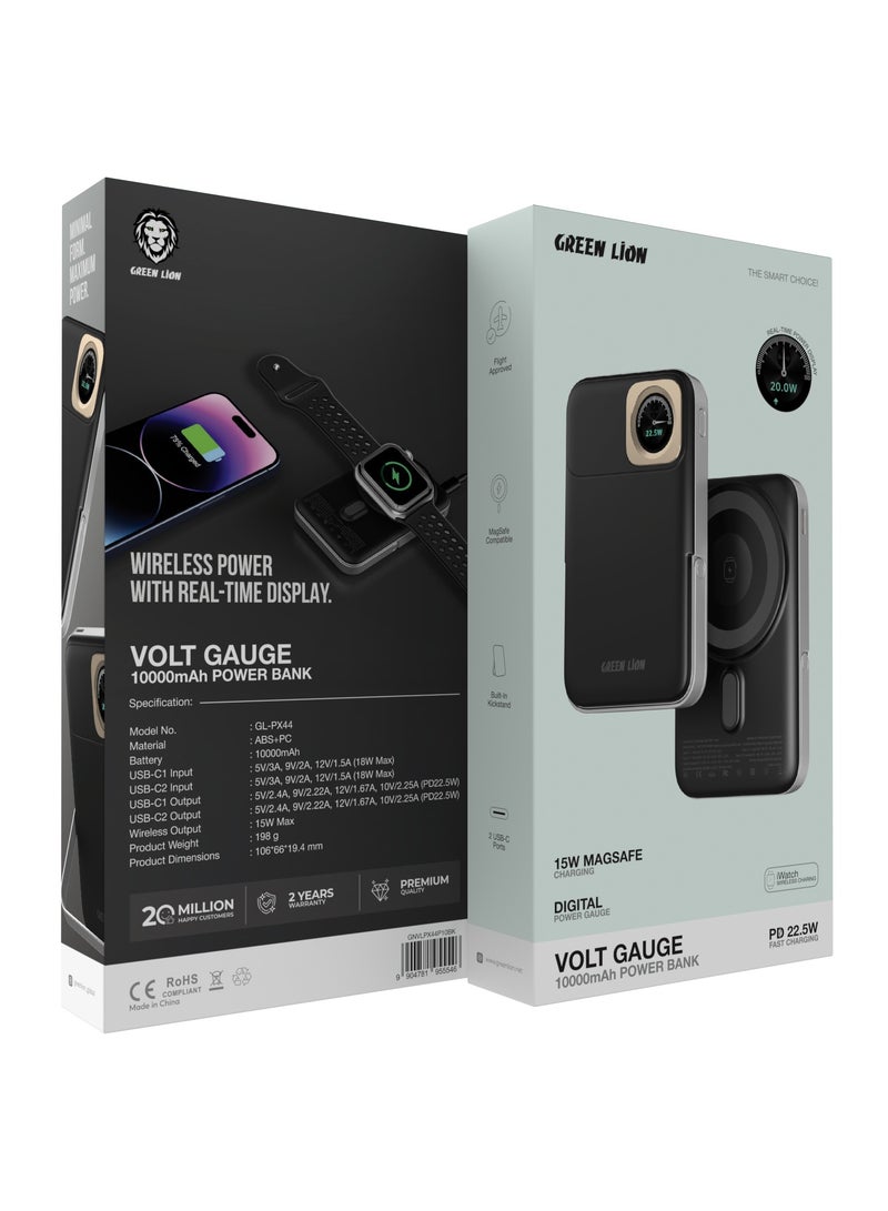 GREEN LION Volt Guage 10000 mAh MagSafe Power Bank with 2 USB-C Ports & Kickstand / PD 22.5W Fast Charging / Flight Approved / Digital Display / iWatch Wireless Charging - Black - Image 4