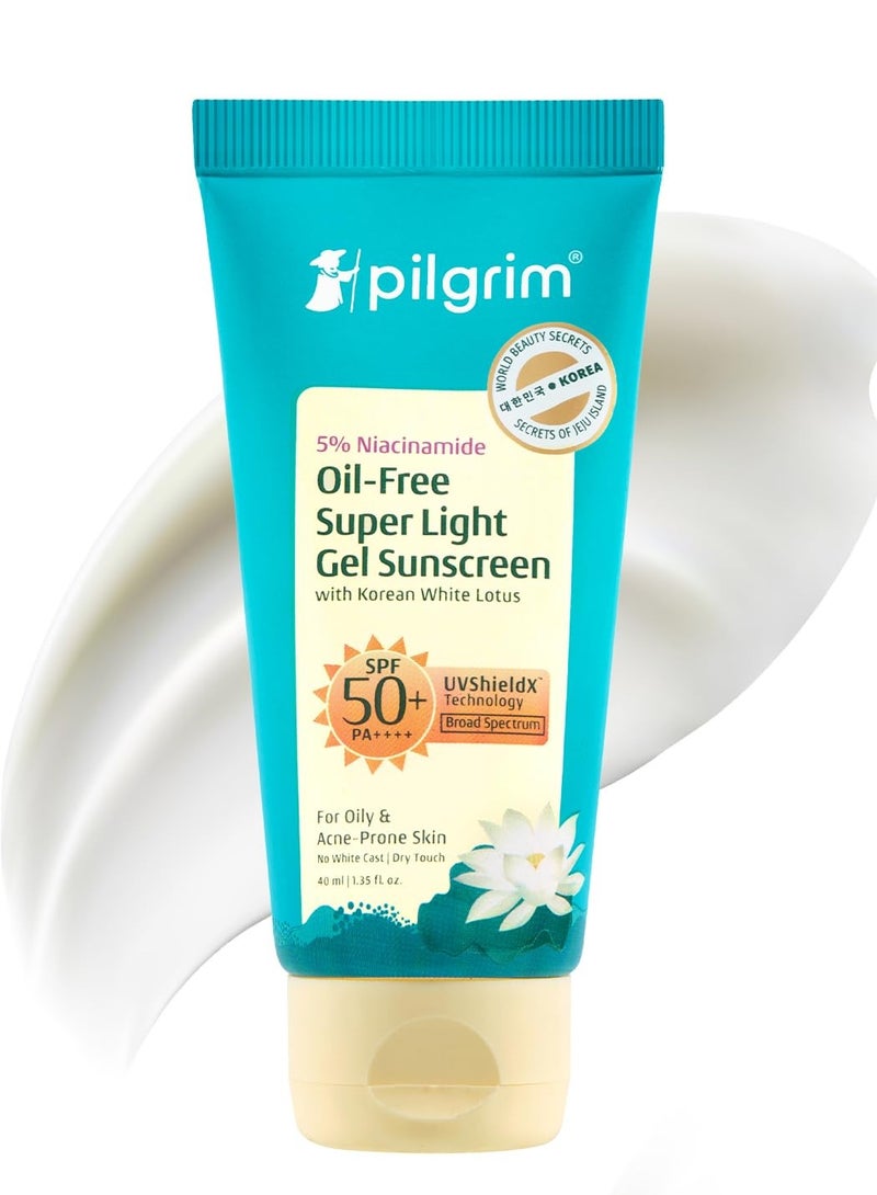 PILGRIM 5% Niacinamide Oil-Free Super Light Gel Sunscreen For Oily Skin SPF 50 PA++++ with Korean White Lotus | No White Cast , Dry Touch , Fast Absorbing | UVA/UVB , Broad Spectrum Protection | Prevents Tanning | For Men and Women | 45ml - Image 1