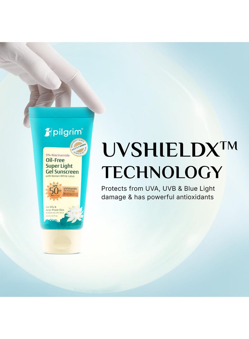 PILGRIM 5% Niacinamide Oil-Free Super Light Gel Sunscreen For Oily Skin SPF 50 PA++++ with Korean White Lotus | No White Cast , Dry Touch , Fast Absorbing | UVA/UVB , Broad Spectrum Protection | Prevents Tanning | For Men and Women | 45ml - Image 2