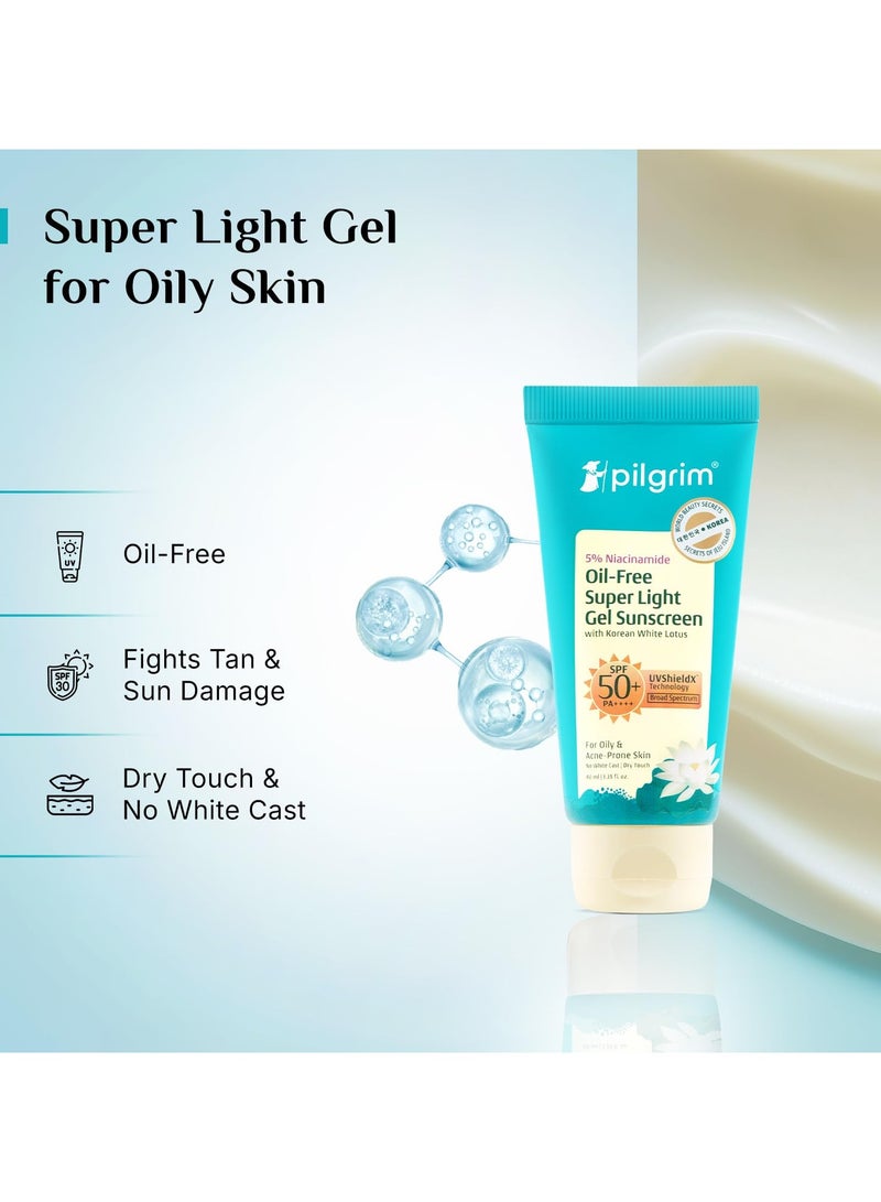 PILGRIM 5% Niacinamide Oil-Free Super Light Gel Sunscreen For Oily Skin SPF 50 PA++++ with Korean White Lotus | No White Cast , Dry Touch , Fast Absorbing | UVA/UVB , Broad Spectrum Protection | Prevents Tanning | For Men and Women | 45ml - Image 4