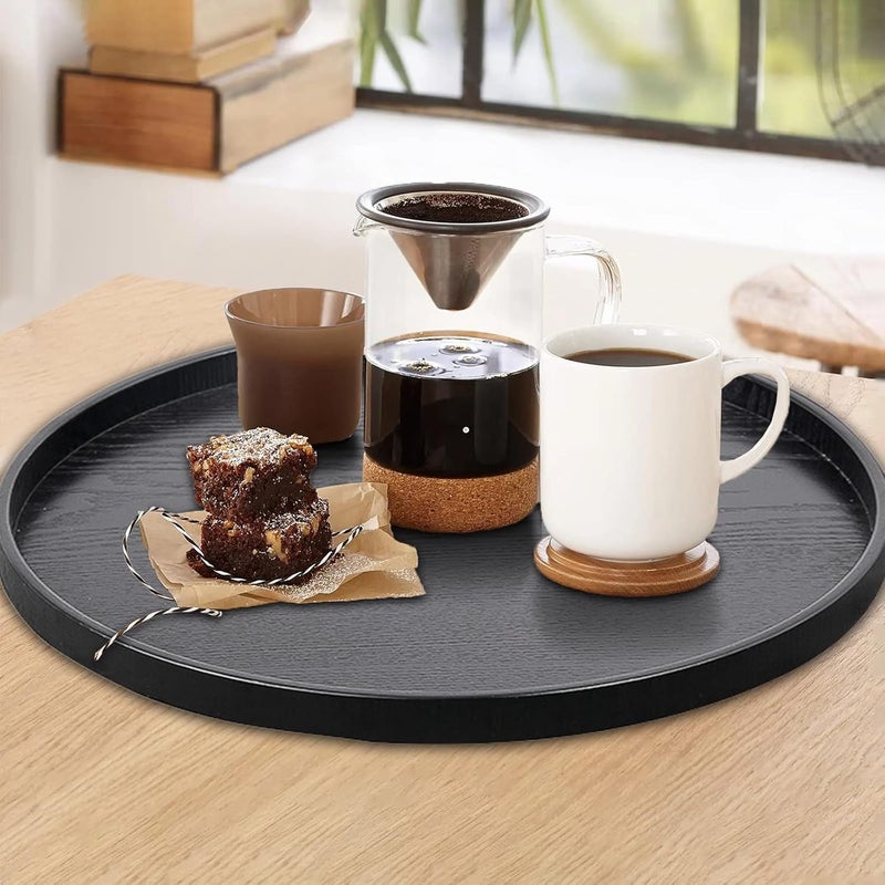 XKXKKE Round Solid Wood Serving Tray Extra Large Tea Coffee Snack Food Meals Serving Plate NonSlip Kitchen Party Bar Server Ottoman Tray Breakfast Tray with Raised Edges 18inch45cm Black - Image 4