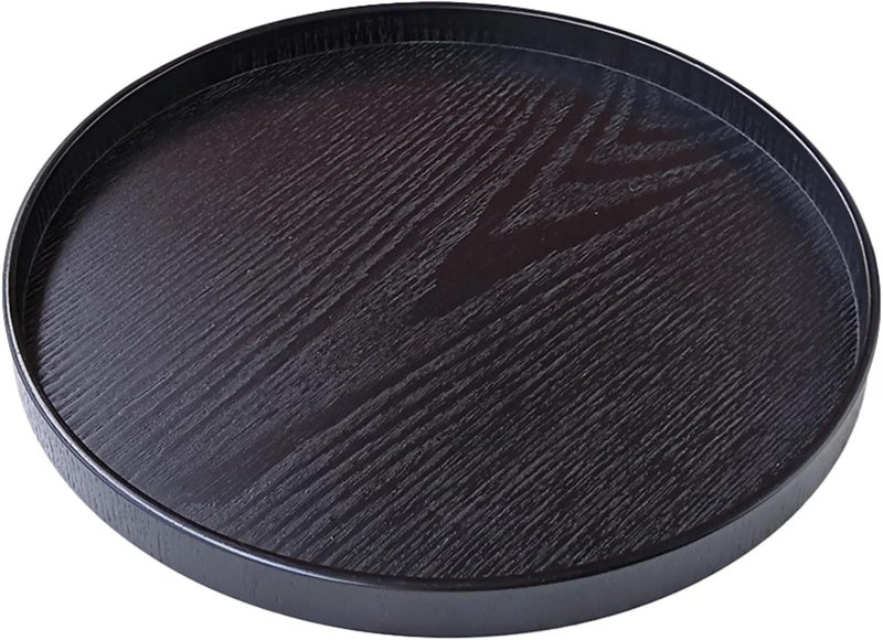 XKXKKE Round Solid Wood Serving Tray Extra Large Tea Coffee Snack Food Meals Serving Plate NonSlip Kitchen Party Bar Server Ottoman Tray Breakfast Tray with Raised Edges 18inch45cm Black - Image 1