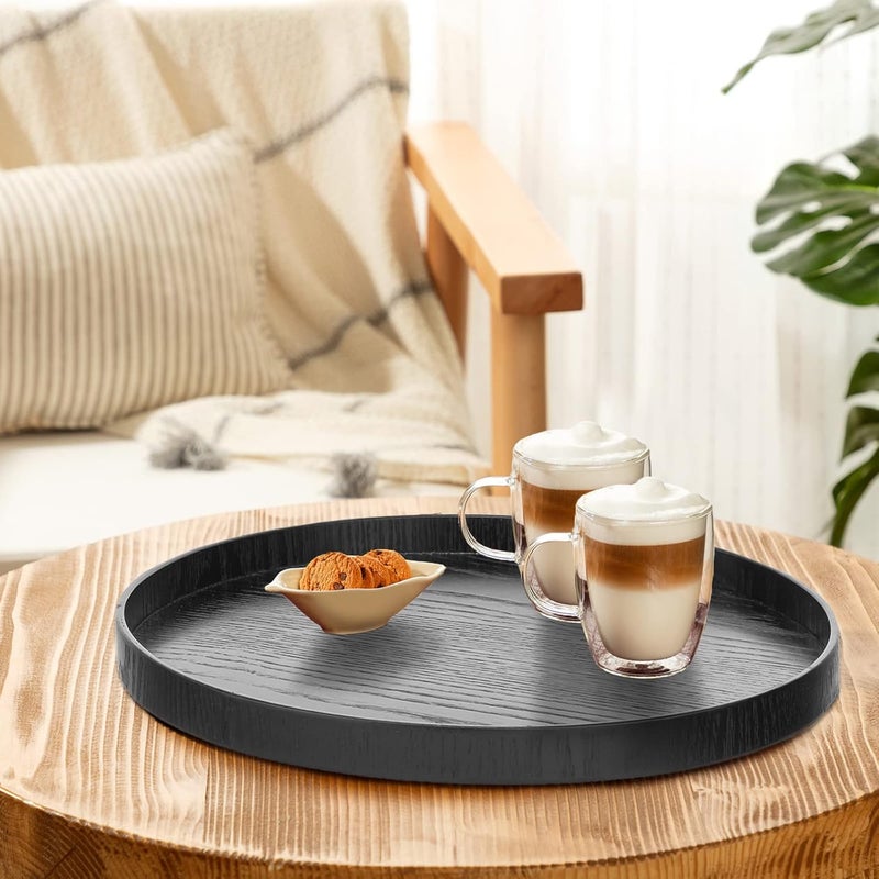 XKXKKE Round Solid Wood Serving Tray Extra Large Tea Coffee Snack Food Meals Serving Plate NonSlip Kitchen Party Bar Server Ottoman Tray Breakfast Tray with Raised Edges 18inch45cm Black - Image 5