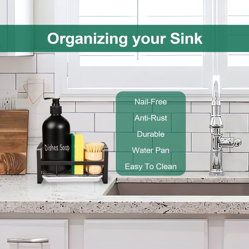 TEZZ Sponge Holder for Kitchen Sink- Stainless Steel Kitchen Sink Caddy for Organizing Sponge, Brush & Soap Dish Dispenser, coutertop Organizer Rack with Adhesive or Counter top, Black - Image 2
