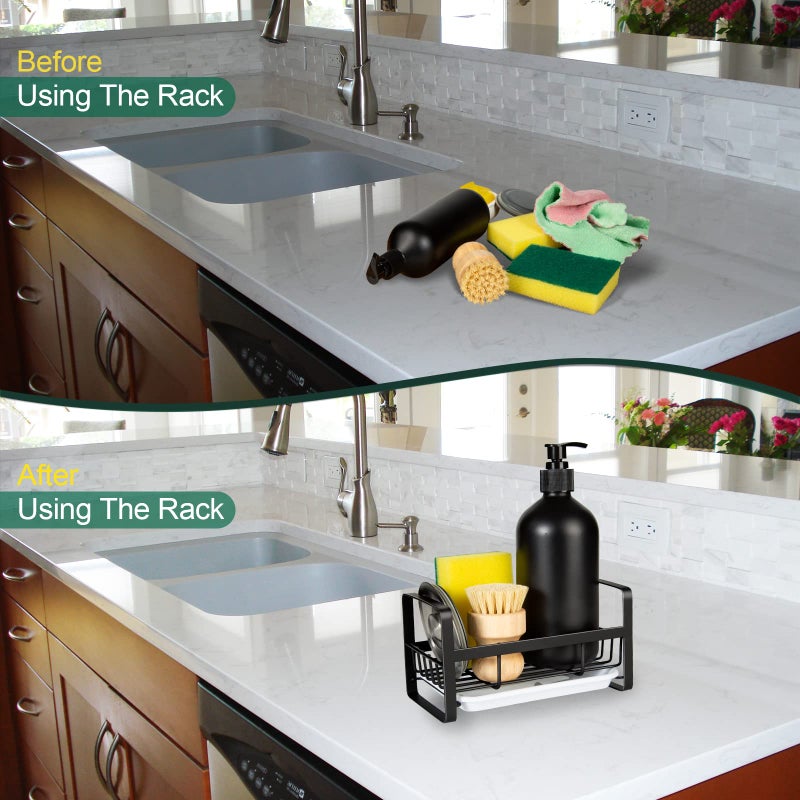TEZZ Sponge Holder for Kitchen Sink- Stainless Steel Kitchen Sink Caddy for Organizing Sponge, Brush & Soap Dish Dispenser, coutertop Organizer Rack with Adhesive or Counter top, Black - Image 4