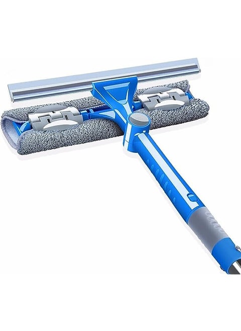 Glass Cleaning Tool Double-Sided Telescopic Rod Window Squeegee With Extension Handle, 180° Rotating Head Brush Cleaning Tool, Suitable For Bathroom/Window/Tile (With 3 Fiber Cloth) (Blue)