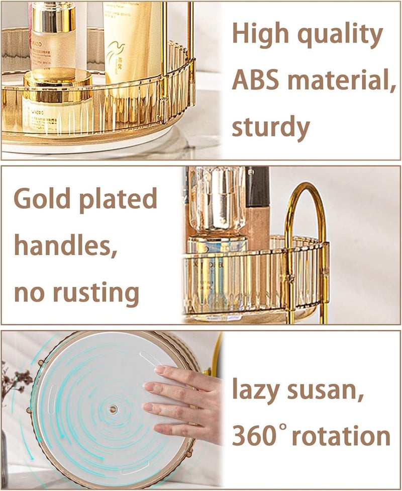 Dravina 360° Rotating Makeup Organizer Rack| 3 Tier Standing Countertop Cosmetic Vanity Tray for Makeup, Skincare|Corner Rack for Bedroom,Bathroom (3 Layer- Amber (Rack) + Gold Rods) - Image 3