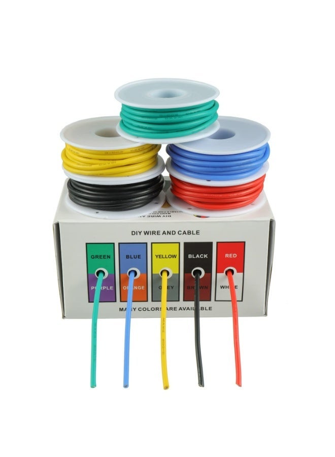 طقم أسلاك سيليكون عيار 22 AWG عدد 5 ألوان إجمالي 25 متر سلك نحاسي مرن متعدد الشعيرات ومقاوم للحرارة للمشاريع اليدوية - Image 1
