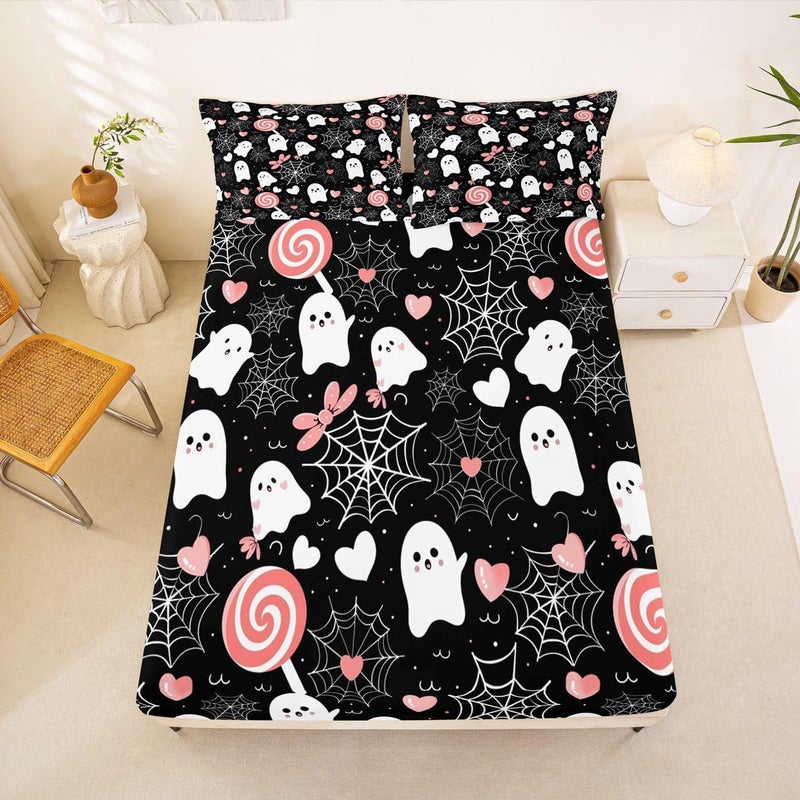 Feelyou Ghost Bed Sheets Set Full Size Misty Forest Bed Set Trick or Treat Deep Pocket Fitted Sheet Candy Breathable Soft Lightweight Microfiber Spider Web - Image 2