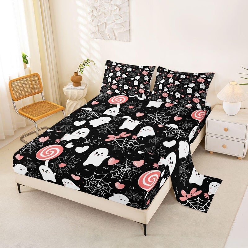 Feelyou Ghost Bed Sheets Set Full Size Misty Forest Bed Set Trick or Treat Deep Pocket Fitted Sheet Candy Breathable Soft Lightweight Microfiber Spider Web - Image 1