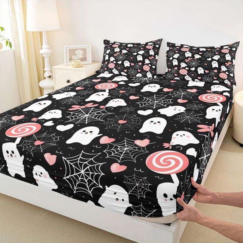 Feelyou Ghost Bed Sheets Set Full Size Misty Forest Bed Set Trick or Treat Deep Pocket Fitted Sheet Candy Breathable Soft Lightweight Microfiber Spider Web - Image 4