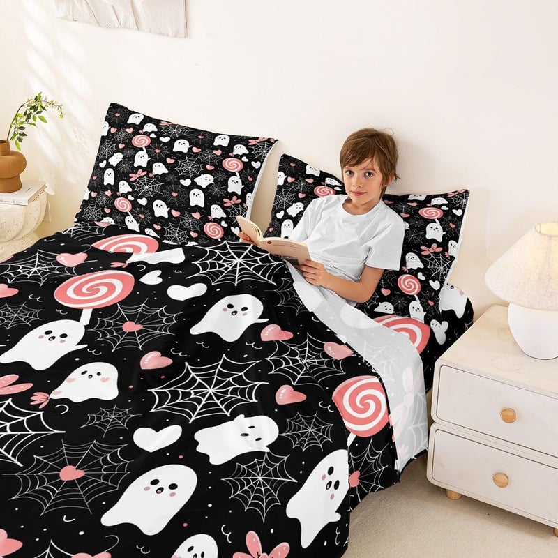 Feelyou Ghost Bed Sheets Set Full Size Misty Forest Bed Set Trick or Treat Deep Pocket Fitted Sheet Candy Breathable Soft Lightweight Microfiber Spider Web - Image 3