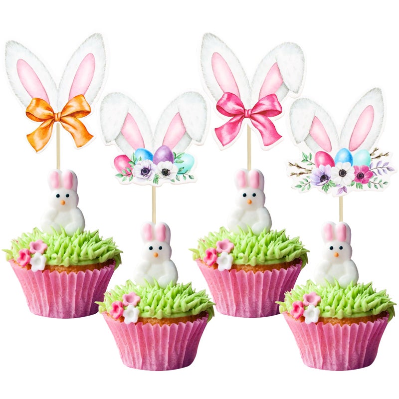 Ephlyn 36Pcs Happy Easter Cupcake Toppers - Rabbit Ear Cupcake Picks & Day Theme Baby Shower Kids Birthday Party Cake Decorations - Image 1