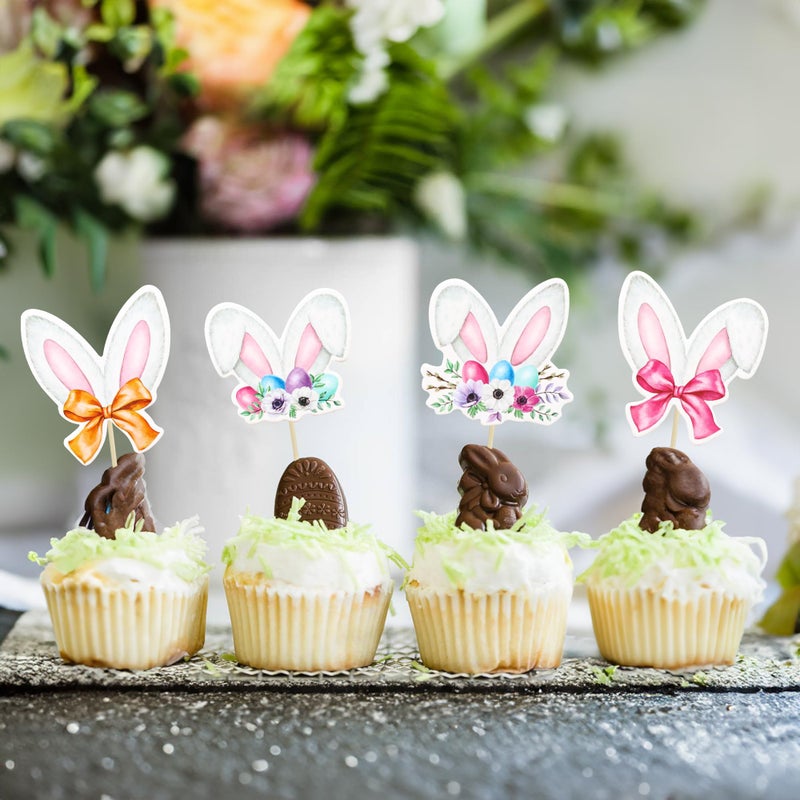 Ephlyn 36Pcs Happy Easter Cupcake Toppers - Rabbit Ear Cupcake Picks & Day Theme Baby Shower Kids Birthday Party Cake Decorations - Image 5