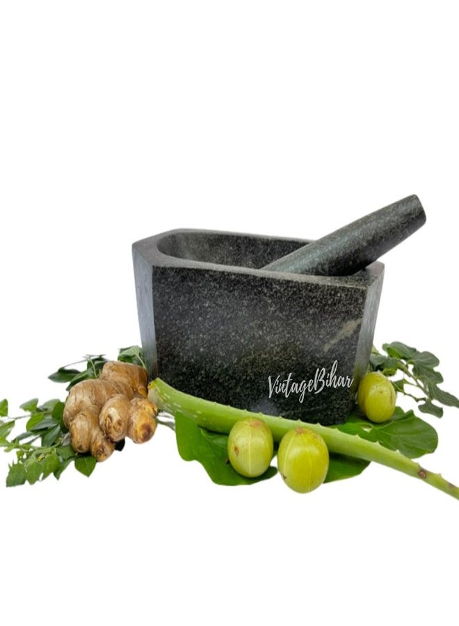 VintageBihar Hansraj Stone Mortar and Pestle for Kitchen 6 Inch Hexagonal Grinding Stone Silbatta Khalbatta for Chutney Masala Herbs and Spices Home - Image 1