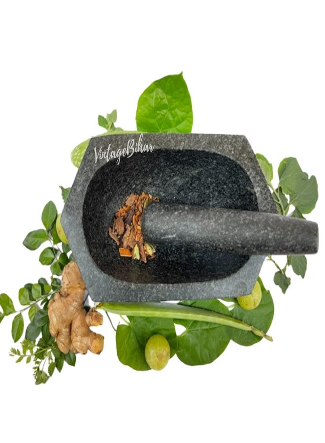 VintageBihar Hansraj Stone Mortar and Pestle for Kitchen 6 Inch Hexagonal Grinding Stone Silbatta Khalbatta for Chutney Masala Herbs and Spices Home - Image 4