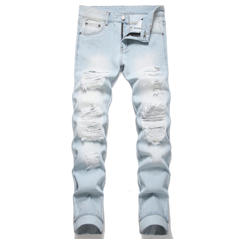 OIIIO Men's Ripped Slim Fit Straight Leg Jean Denim Pant (36, 30011 Blue) - Image 1