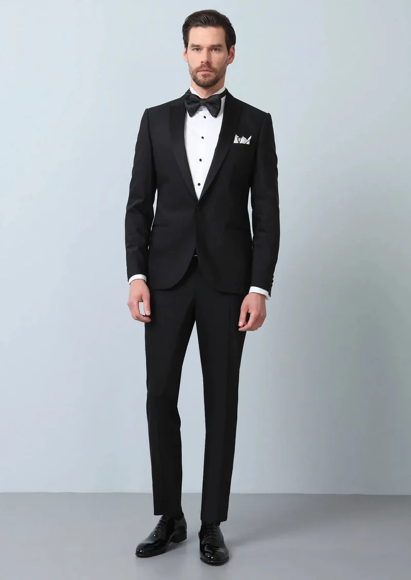 RAMSEY Black Plain Fashion Slim Fit Double Breasted Collar Weaving Tuxedo