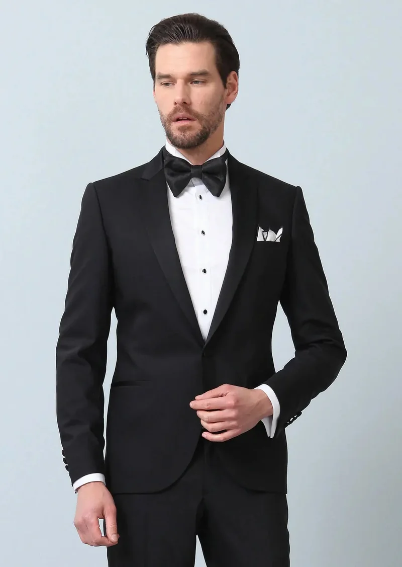 RAMSEY Black Plain Fashion Slim Fit Double Breasted Collar Weaving Tuxedo