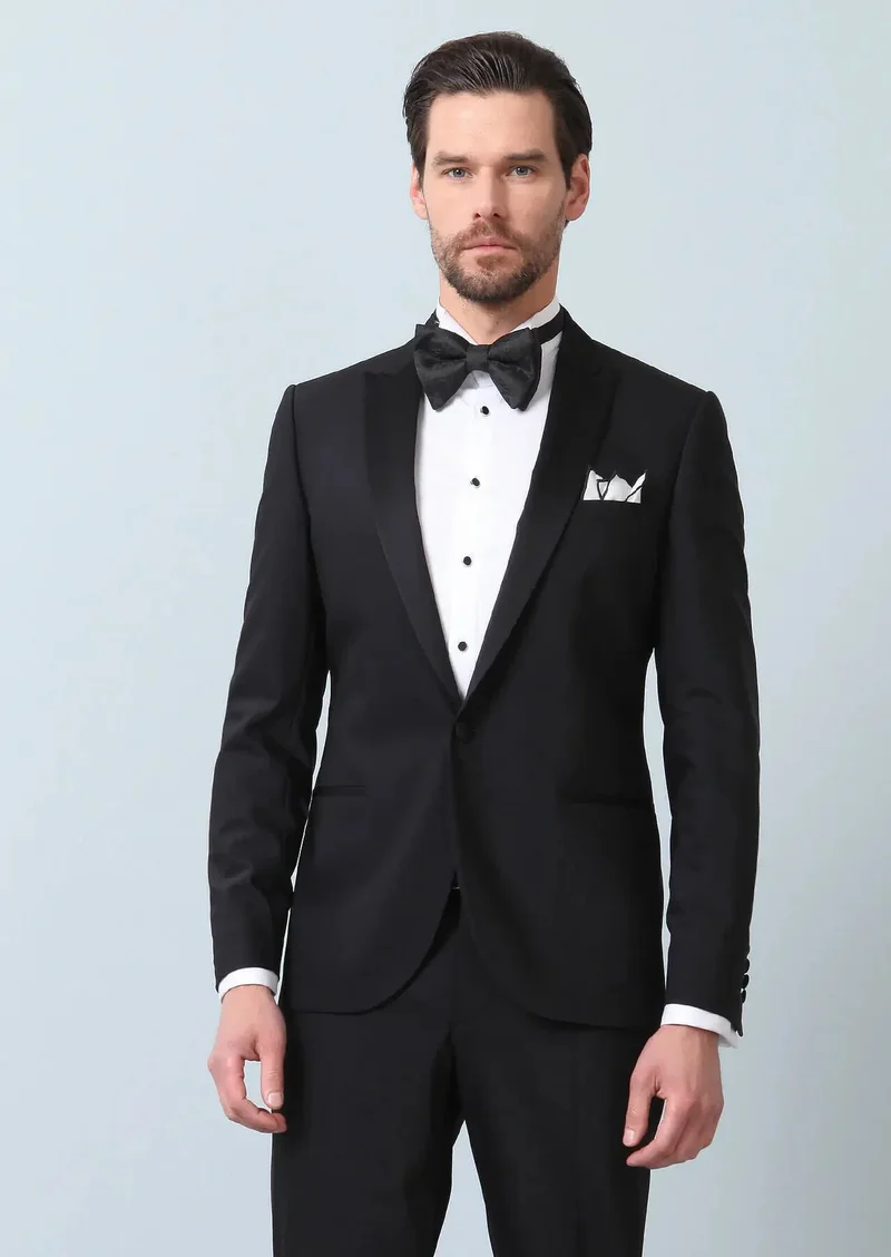 RAMSEY Black Plain Fashion Slim Fit Double Breasted Collar Weaving Tuxedo
