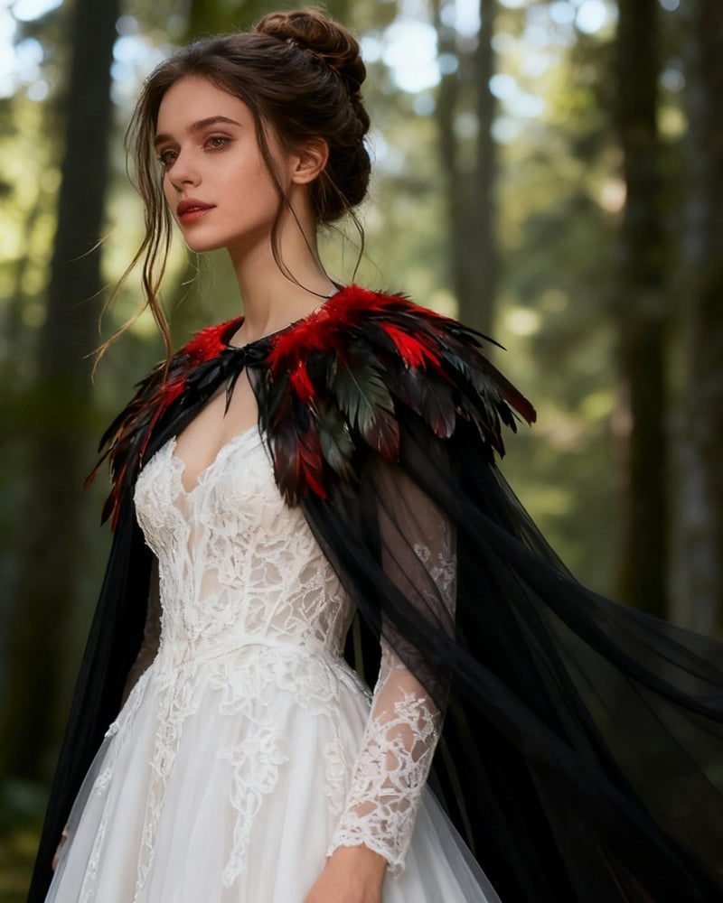 L'VOW Women Evil Queen Feather Collar Cloak Vampire Cape Witch Cosplay Costume(Red) - Image 3