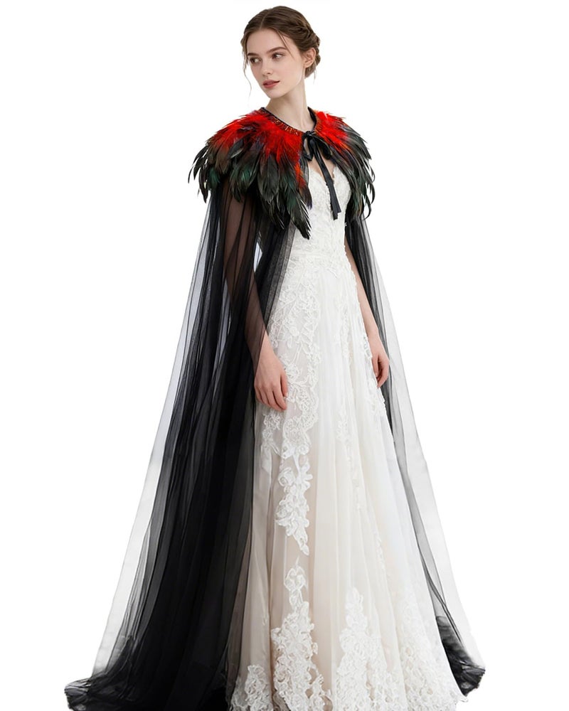 L'VOW Women Evil Queen Feather Collar Cloak Vampire Cape Witch Cosplay Costume(Red) - Image 1