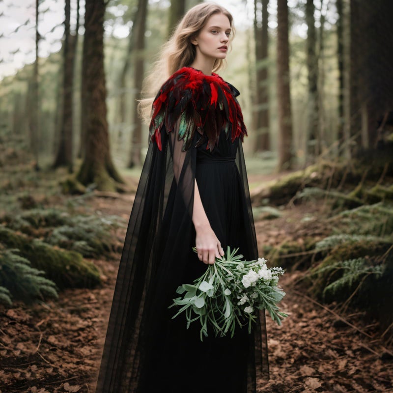 L'VOW Women Evil Queen Feather Collar Cloak Vampire Cape Witch Cosplay Costume(Red) - Image 5