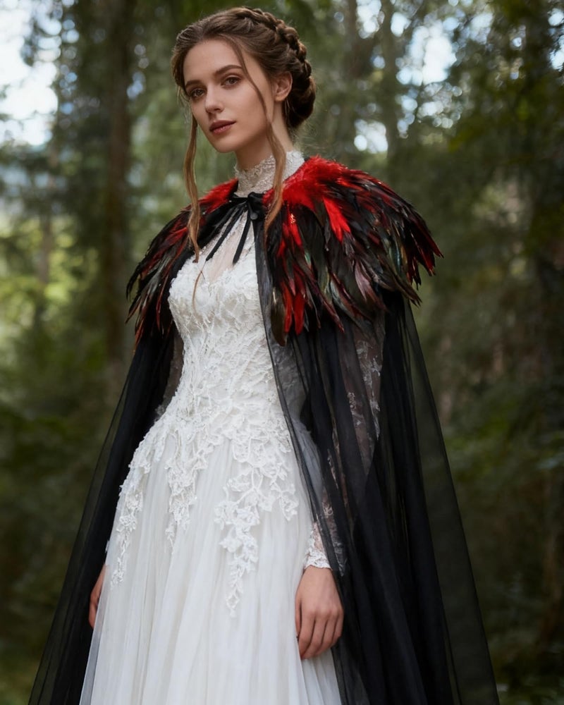 L'VOW Women Evil Queen Feather Collar Cloak Vampire Cape Witch Cosplay Costume(Red) - Image 2