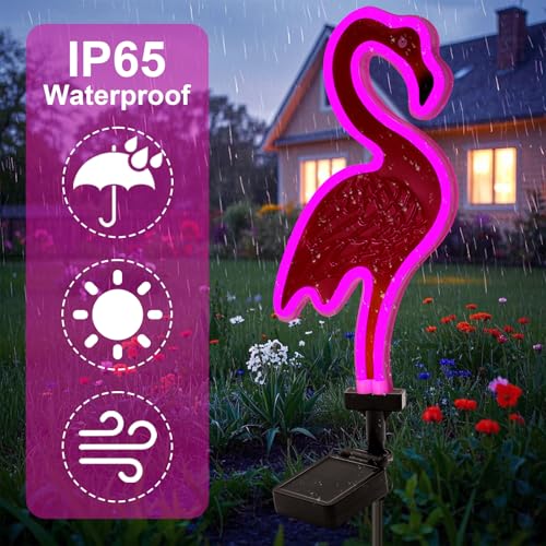 ANGMLN Solar Flamingo Pink Neon Light - 2Pack 42 inch Metal Garden Stake Lights, Flamingo Gifts for Women Path Lighting for Yard Lawn Patio Walkway Decor - Image 2