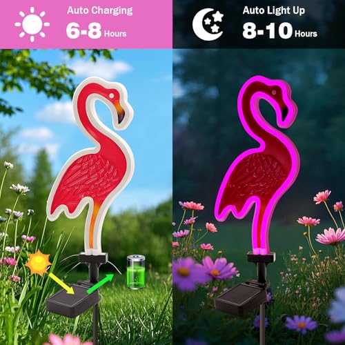 ANGMLN Solar Flamingo Pink Neon Light - 2Pack 42 inch Metal Garden Stake Lights, Flamingo Gifts for Women Path Lighting for Yard Lawn Patio Walkway Decor - Image 3