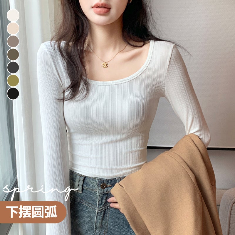 H233 بث مباشر جديد كبير U-Neck تي شيرت للنساء ، قميص قاعدة الأكمام الطويلة ، ارتداء داخلي منخفض الرقبة ، ملابس نسائية رقيقة المناسبة ، أسلوب الربيع - Image 4