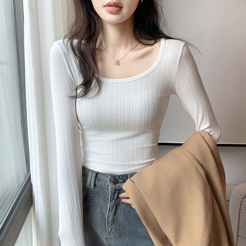 H233 بث مباشر جديد كبير U-Neck تي شيرت للنساء ، قميص قاعدة الأكمام الطويلة ، ارتداء داخلي منخفض الرقبة ، ملابس نسائية رقيقة المناسبة ، أسلوب الربيع - Image 1