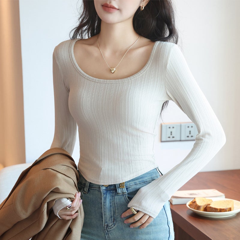 H233 بث مباشر جديد كبير U-Neck تي شيرت للنساء ، قميص قاعدة الأكمام الطويلة ، ارتداء داخلي منخفض الرقبة ، ملابس نسائية رقيقة المناسبة ، أسلوب الربيع - Image 2