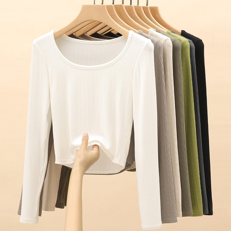 H233 بث مباشر جديد كبير U-Neck تي شيرت للنساء ، قميص قاعدة الأكمام الطويلة ، ارتداء داخلي منخفض الرقبة ، ملابس نسائية رقيقة المناسبة ، أسلوب الربيع - Image 5
