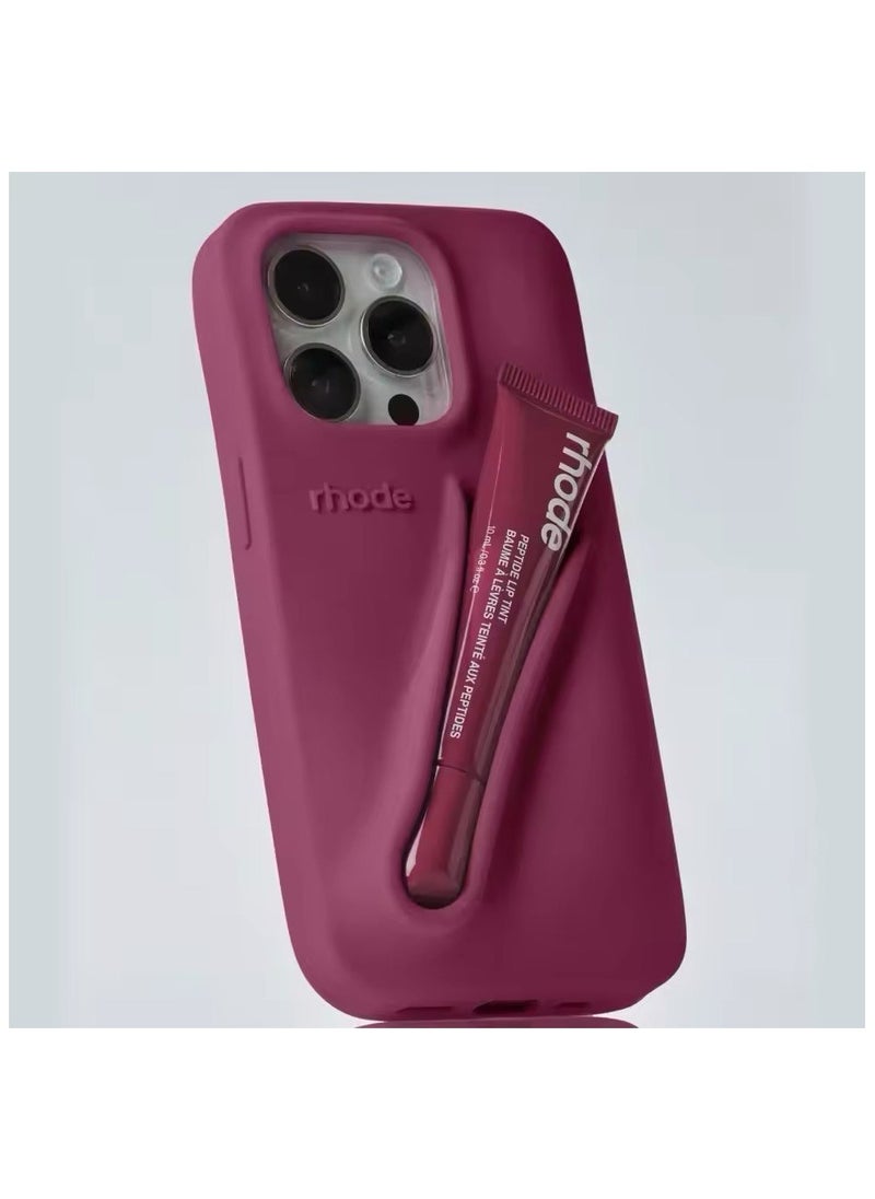 rhode - Lip Gloss Phone Case with Lip Tint, For iPhone Case Liquid Silicone Camera Protection Lipstick Lip Glaze Phone Case for iPhone15 ( raspberry ) - Image 1