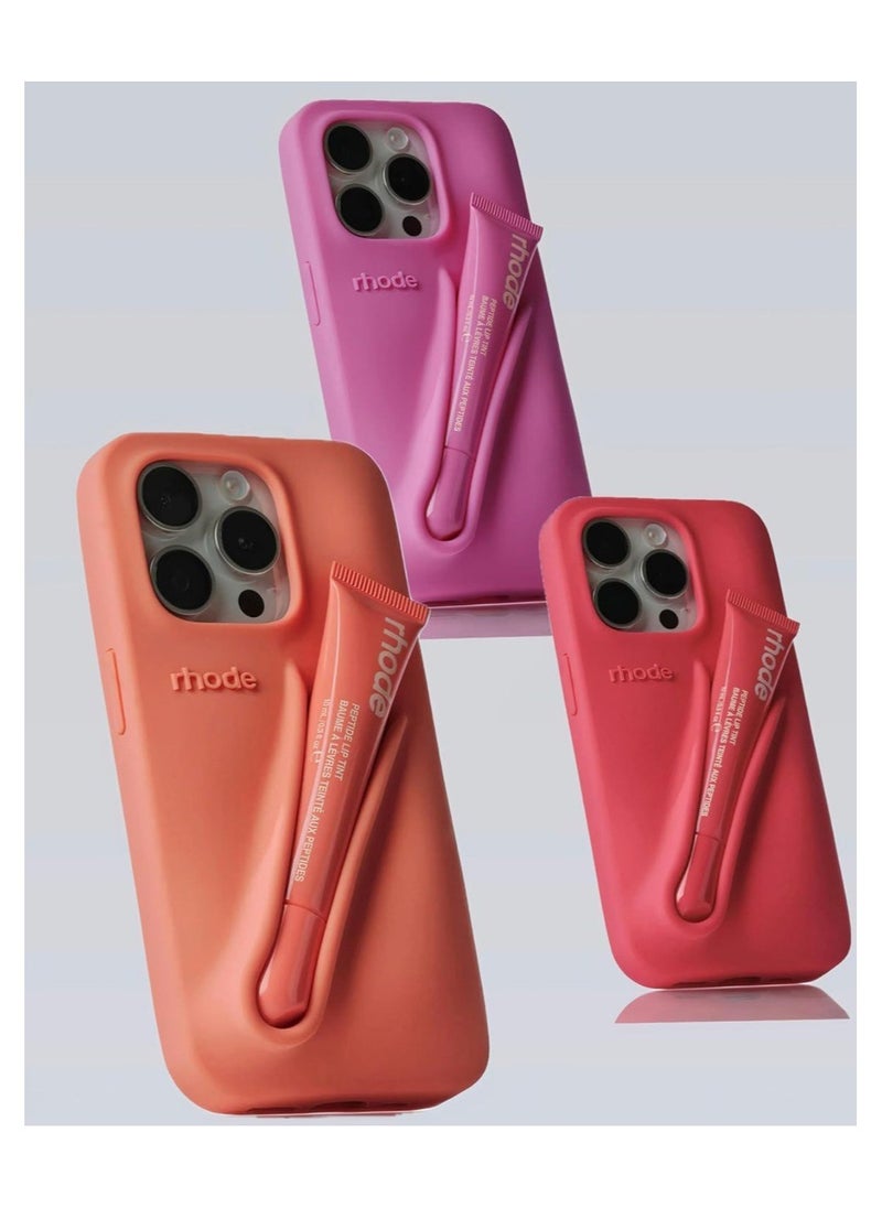 rhode - Lip Gloss Phone Case with Lip Tint, For iPhone Case Liquid Silicone Camera Protection Lipstick Lip Glaze Phone Case for iPhone15 ( raspberry ) - Image 1