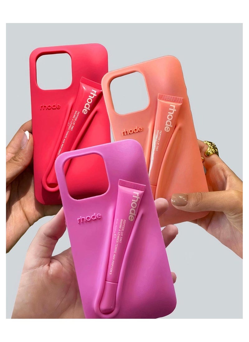 rhode - Lip Gloss Phone Case with Lip Tint, For iPhone Case Liquid Silicone Camera Protection Lipstick Lip Glaze Phone Case for iPhone15 ( raspberry ) - Image 1