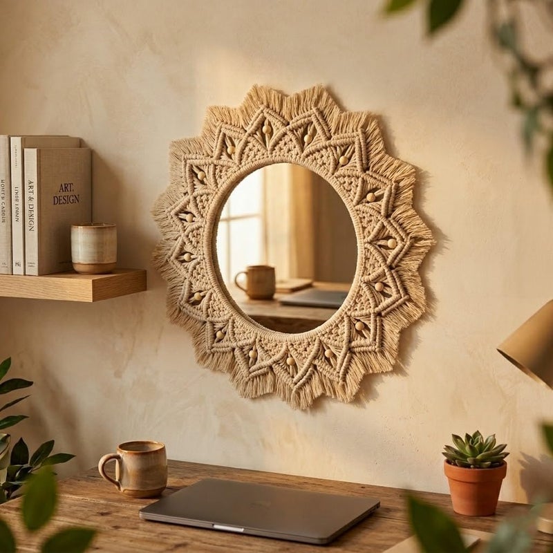 Handmade Macrame Wall Mirror, Natural Cotton, Round Glass, Bohemian Style, Beaded Decor, 50x50 cm Frame, 25 cm Mirror - Image 3