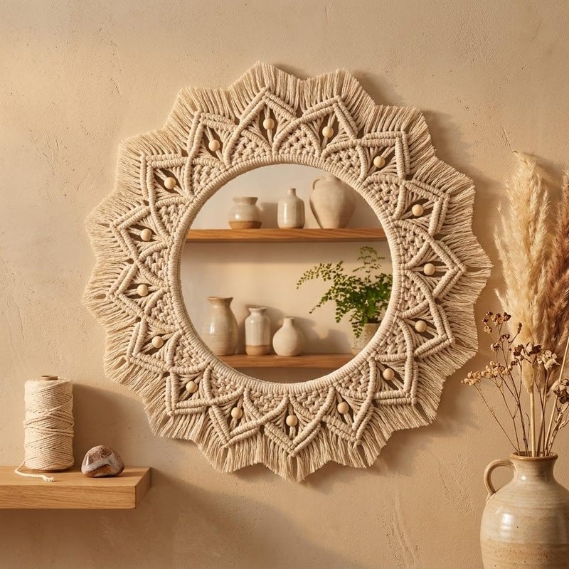 Handmade Macrame Wall Mirror, Natural Cotton, Round Glass, Bohemian Style, Beaded Decor, 50x50 cm Frame, 25 cm Mirror - Image 4