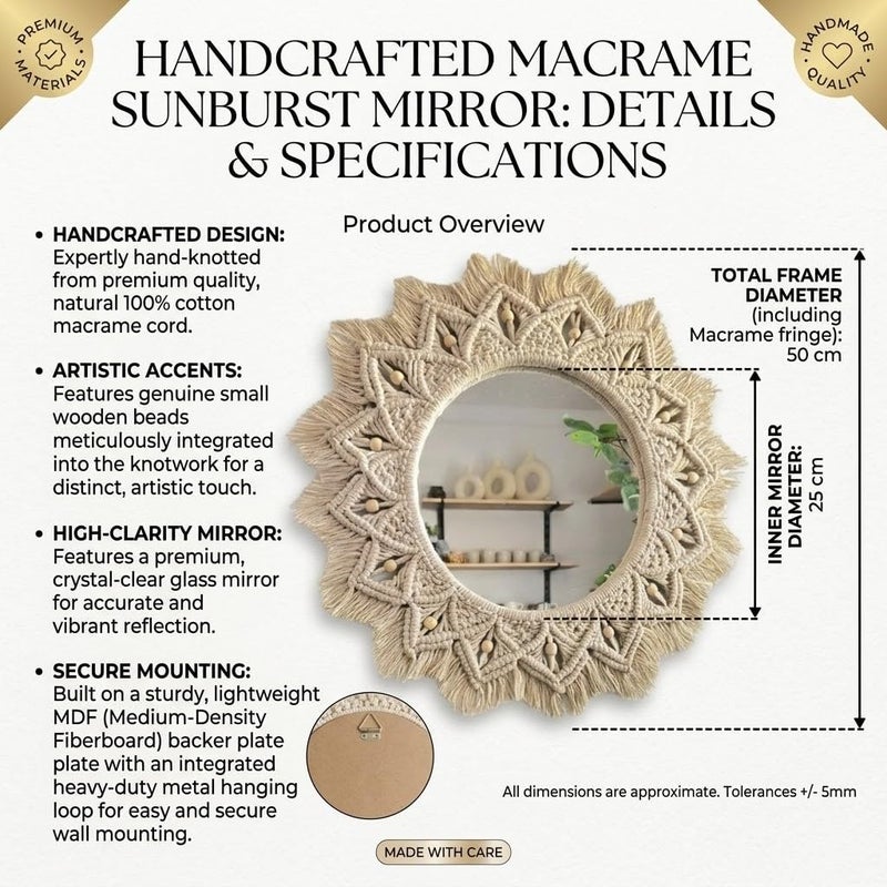 Handmade Macrame Wall Mirror, Natural Cotton, Round Glass, Bohemian Style, Beaded Decor, 50x50 cm Frame, 25 cm Mirror - Image 5