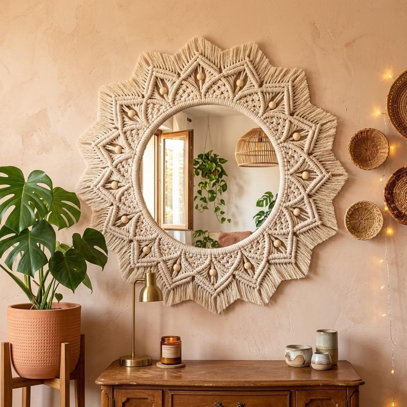 Handmade Macrame Wall Mirror, Natural Cotton, Round Glass, Bohemian Style, Beaded Decor, 50x50 cm Frame, 25 cm Mirror - Image 1