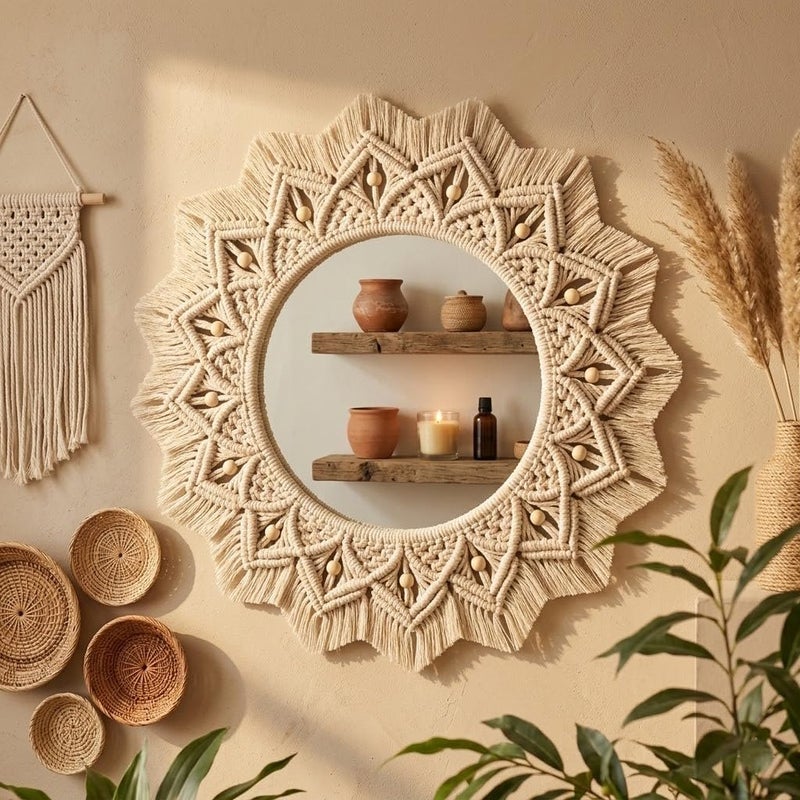 Handmade Macrame Wall Mirror, Natural Cotton, Round Glass, Bohemian Style, Beaded Decor, 50x50 cm Frame, 25 cm Mirror - Image 2