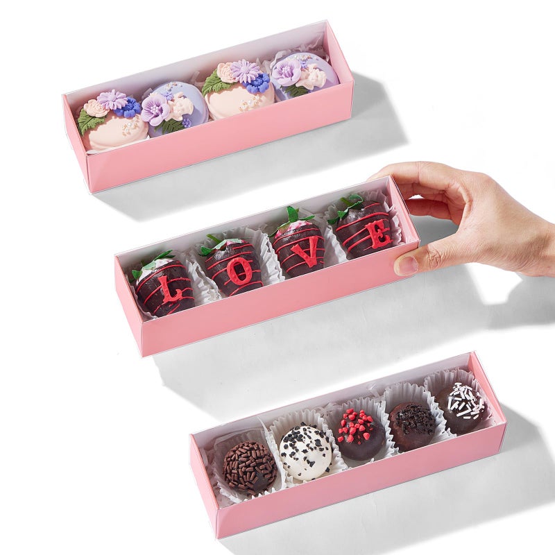 TEMLQPACK 50Pack Pink Chocolate Covered Strawberry Box for 4, Macaron boxes, Long Treat Box for Truffles, Cookies, Ores, Chocolate Cocoa Bombs&Cake Ball Bakery Packaging Supplies - Image 1