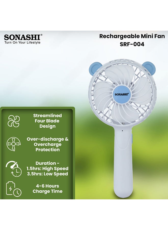 SONASHI 4 Inch Rechargeable Mini Fan With 2 Speeds | Handheld And Portable Design | Continuous Working Of 1.5 Hours(High), 3 Hours(Low) | 5V Usb Charge SRF-004 Blue/White - Image 4