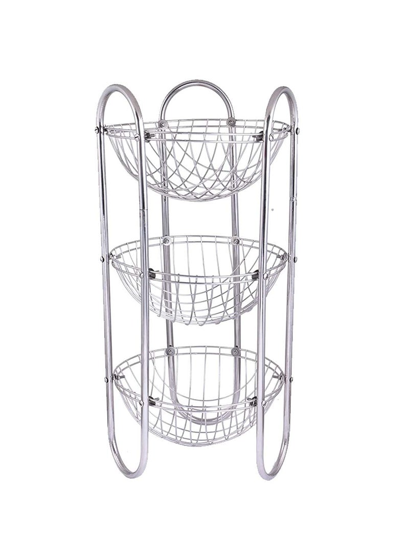 Master Master 3Tier Round Shape Rack Fruits Vegetable Onion Trolley Container Organizer Holder Stand for Kitchen with Wheel Stainless Steel Basket Silver  - Image 1