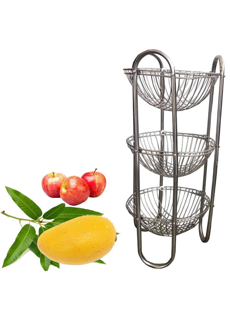 Master Master 3Tier Round Shape Rack Fruits Vegetable Onion Trolley Container Organizer Holder Stand for Kitchen with Wheel Stainless Steel Basket Silver  - Image 2