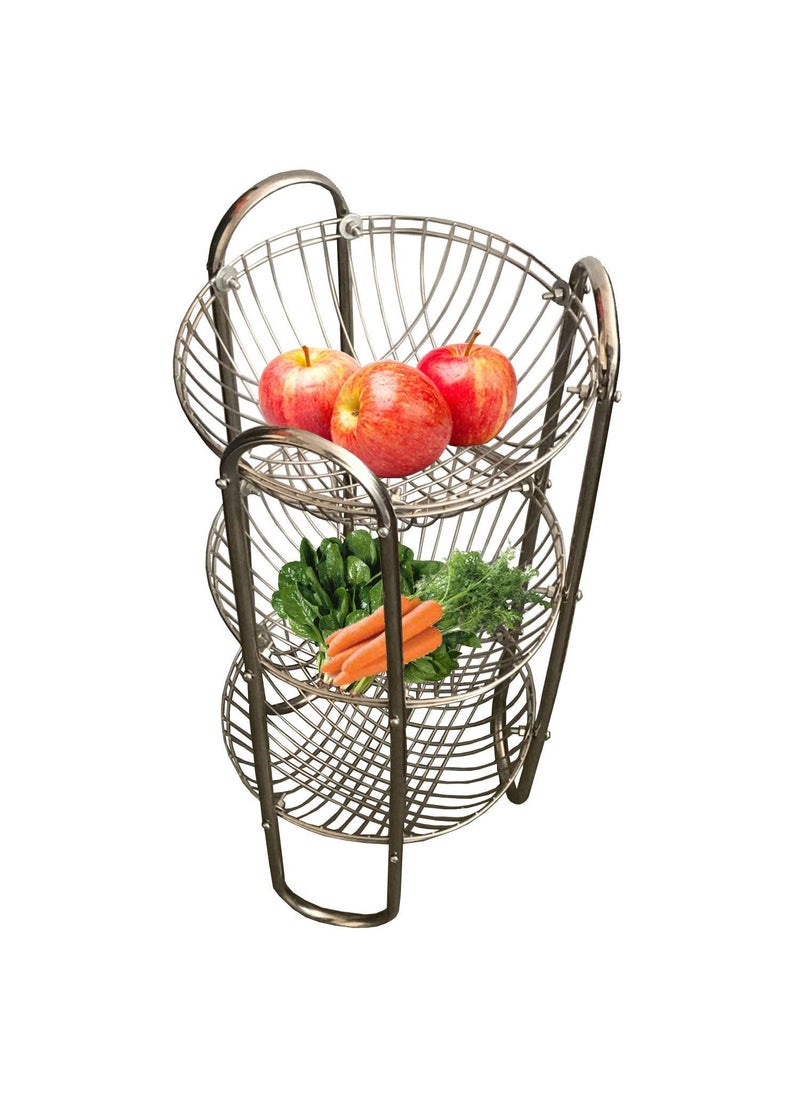 Master Master 3Tier Round Shape Rack Fruits Vegetable Onion Trolley Container Organizer Holder Stand for Kitchen with Wheel Stainless Steel Basket Silver  - Image 4