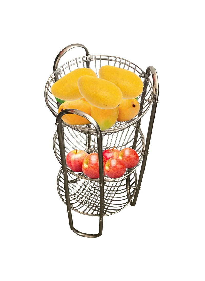 Master Master 3Tier Round Shape Rack Fruits Vegetable Onion Trolley Container Organizer Holder Stand for Kitchen with Wheel Stainless Steel Basket Silver  - Image 5