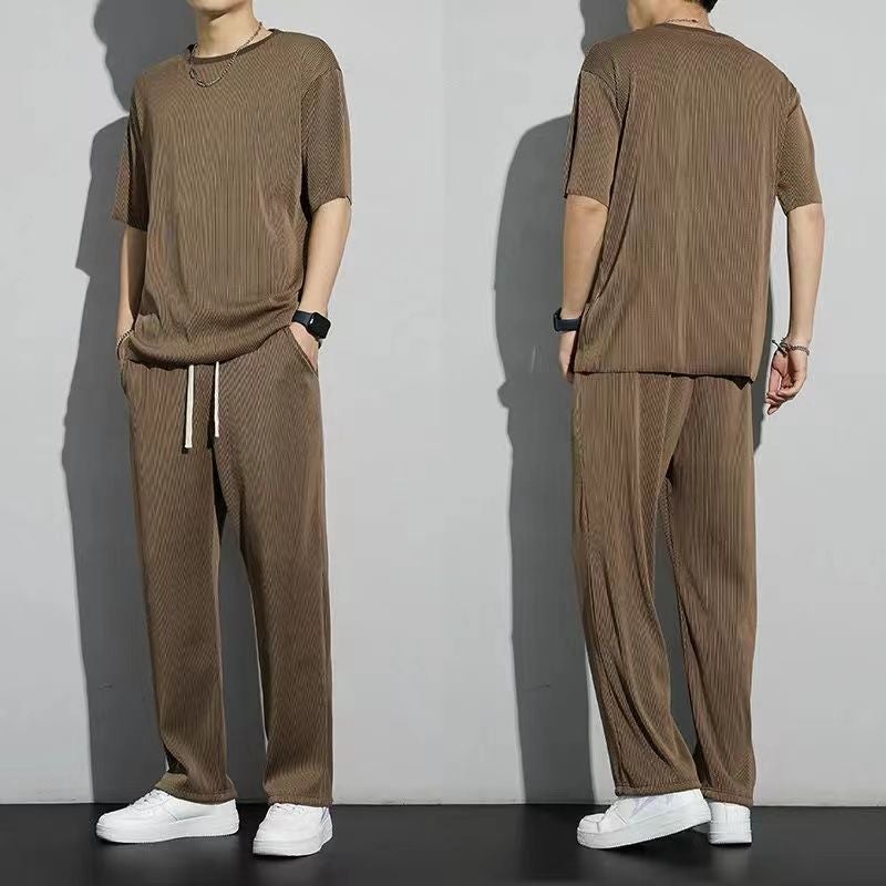 Ice Silk Sports Suit Mens Summer Thin 2023 New Casual Long Pants Short-Sleeved T-Shirt Quick-Drying Clothes Set Coffee color [set]  - Image 1