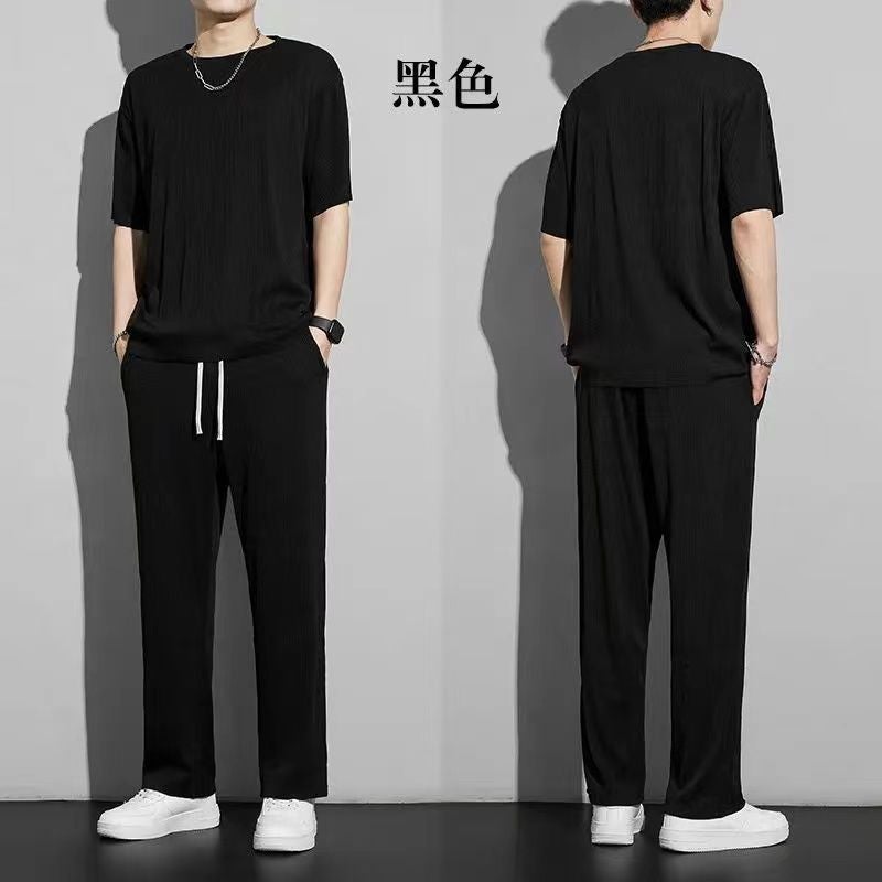 Ice Silk Sports Suit Mens Summer Thin 2023 New Casual Long Pants Short-Sleeved T-Shirt Quick-Drying Clothes Set Coffee color [set]  - Image 2